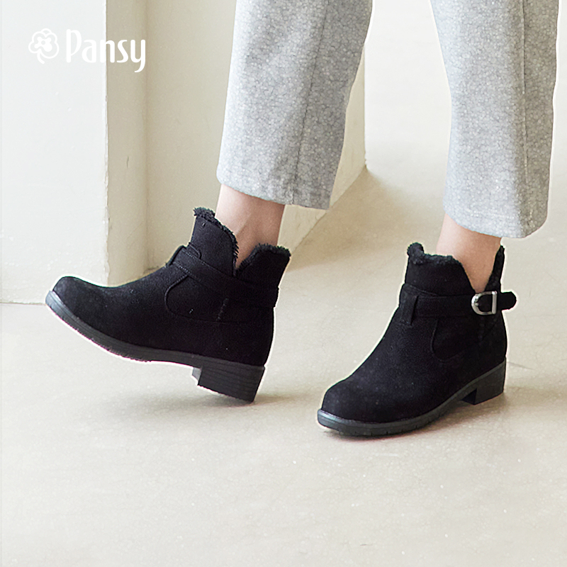 Pansy日本2021年新款女鞋冬季轻便妈妈保暖加绒黑色雪地靴4577