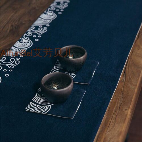 茶道禅意中国风手工棉麻布艺装饰印染海浪桌旗茶席布垫茶垫茶帘