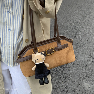复古小众麂皮绒包包女2025新款 百搭单肩腋下包法棍包 斜挎包秋冬季