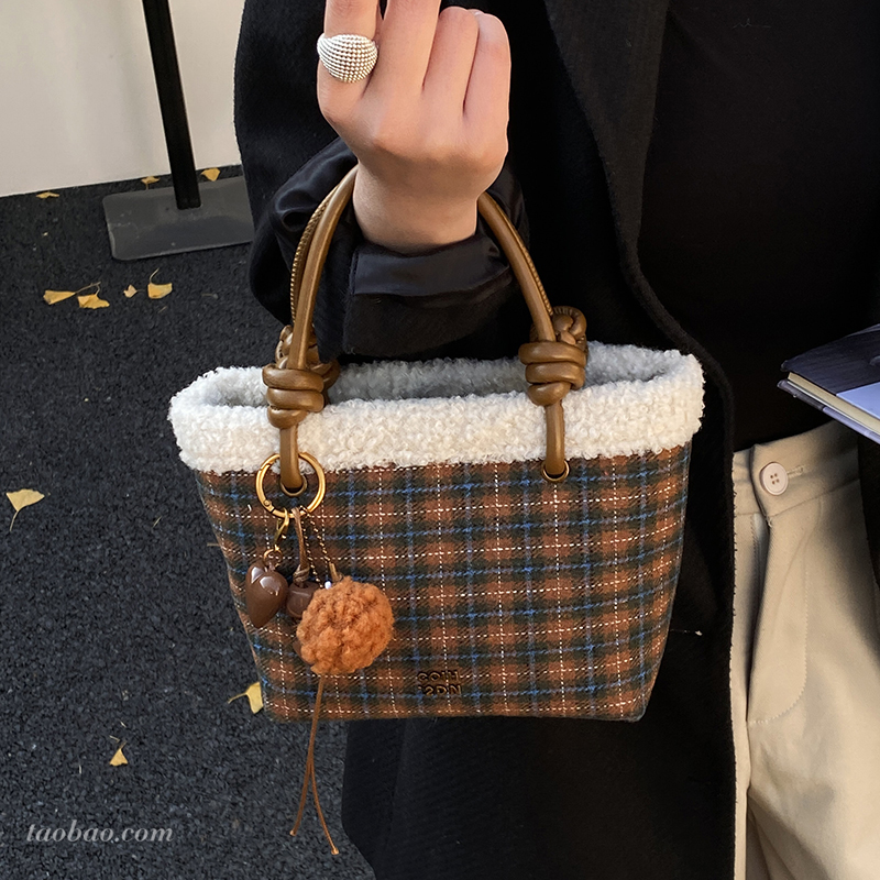 毛呢格子水桶包包女式