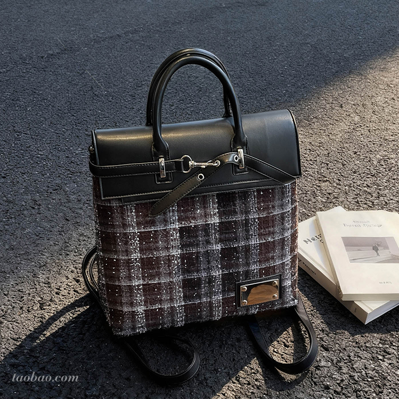 休闲大容量毛呢女式双肩包2025新款通勤百搭后背包多用手提托特包