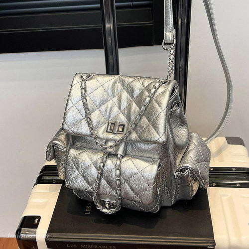 小香风菱格链条双肩包女学生