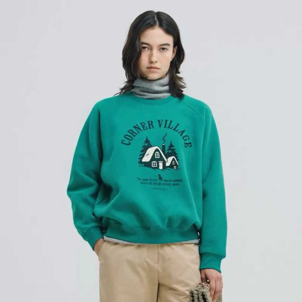 冬上新!San韩系慵懒风绿色卡通图案宽松版型加绒卫衣