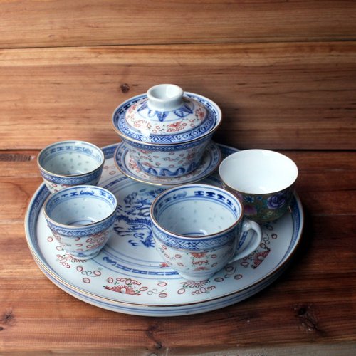 陶瓷青花玲珑斗彩茶具杯子盖子