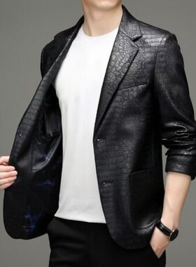 【新品】春秋皮衣男皮西装领短款中年男士休闲西服外套大码968