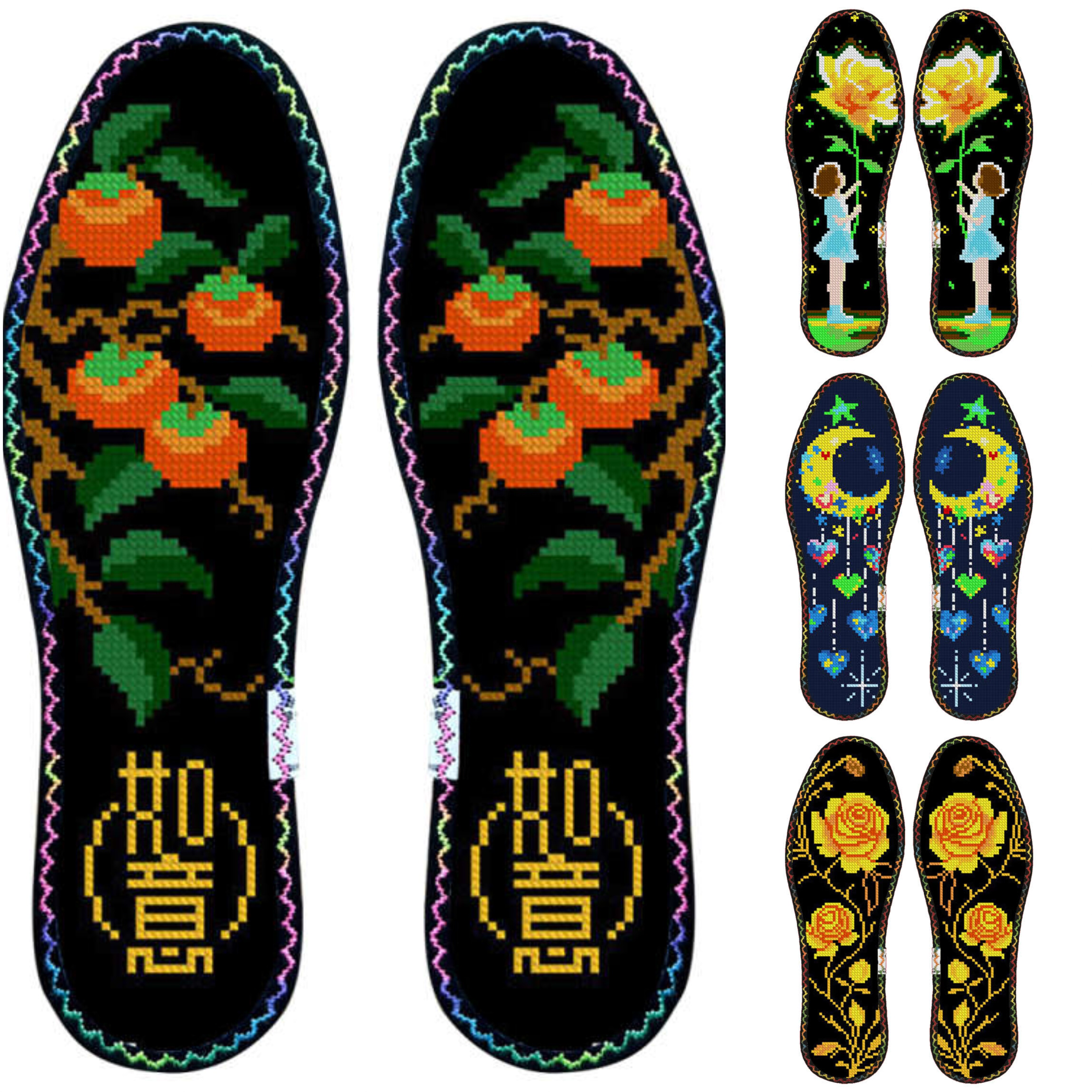 新款玫瑰香黑色底合集带花边七层纯棉布十字绣鞋垫薄款柔软小格子