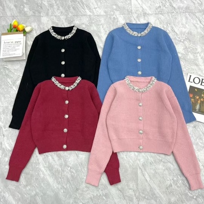 2025秋冬新款重工镶钻钉珠法式小香风软糯圆领毛衣针织开衫外套女