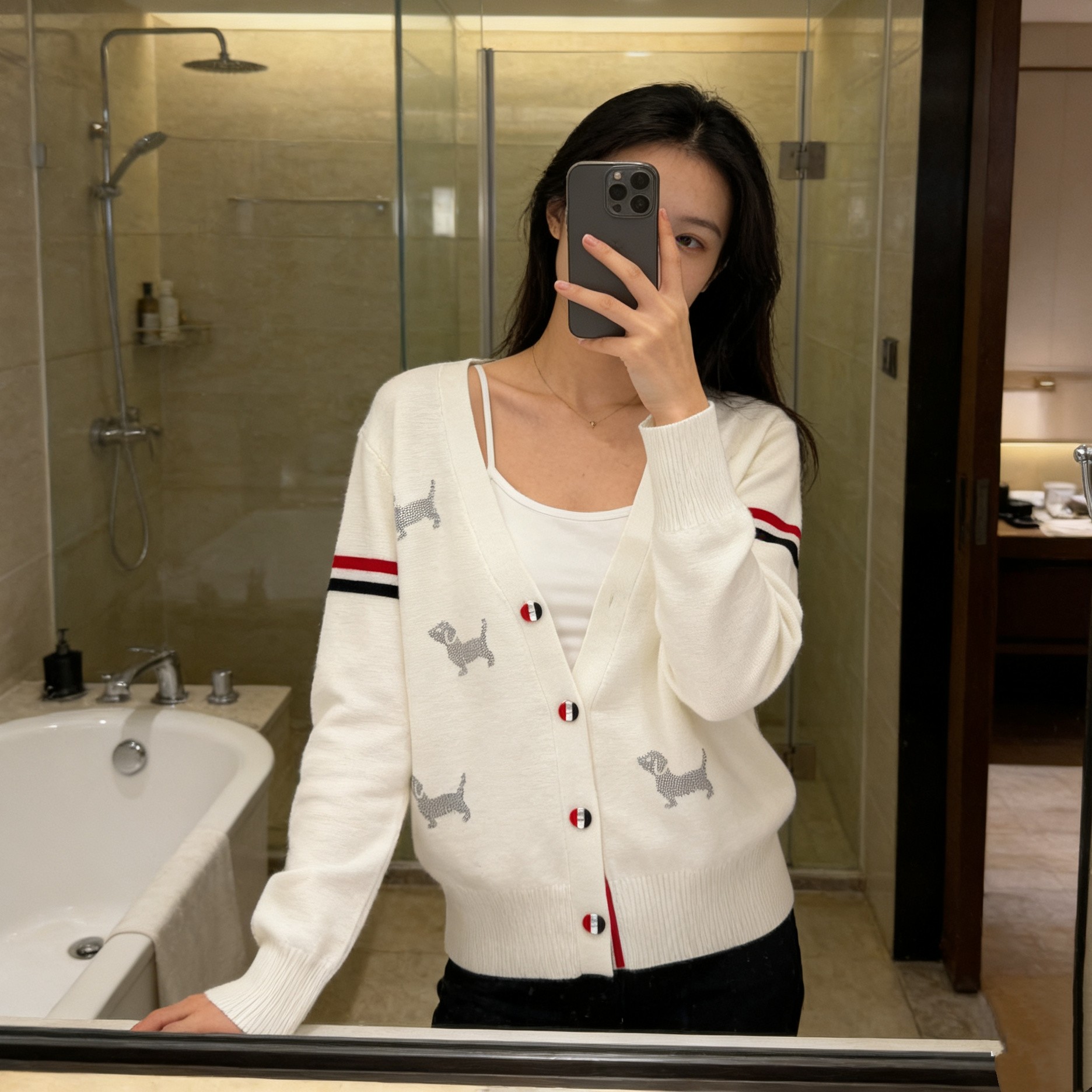 学院风设计感小狗提花双袖彩条v领针织开衫女25早春毛衣外套上衣