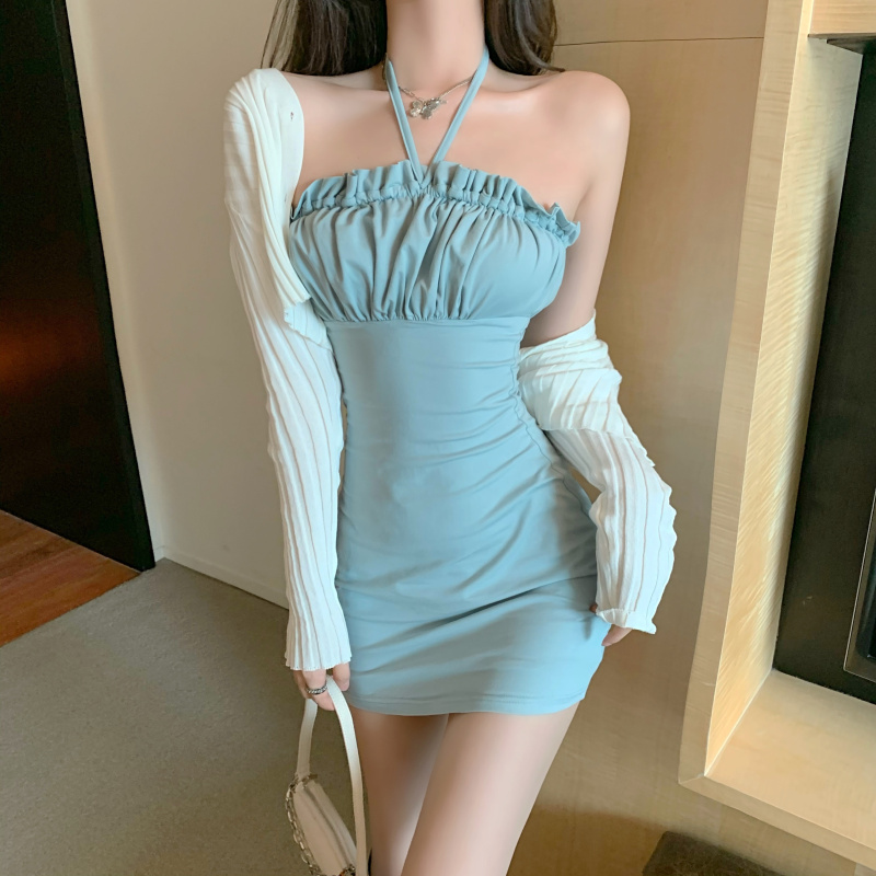 Real price spring new gentle high waist slim blue dress + pit knitting short cardigan