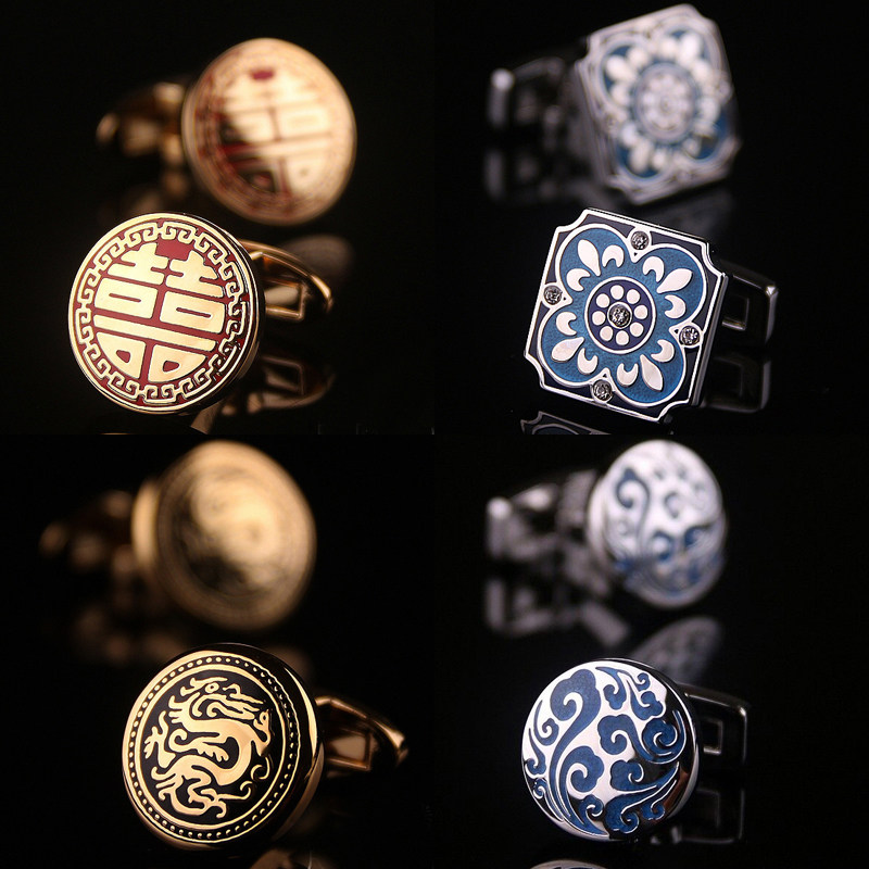 【礼盒装】新款喜字袖扣男水晶商务袖钉法式衬衣衬衫袖口扣