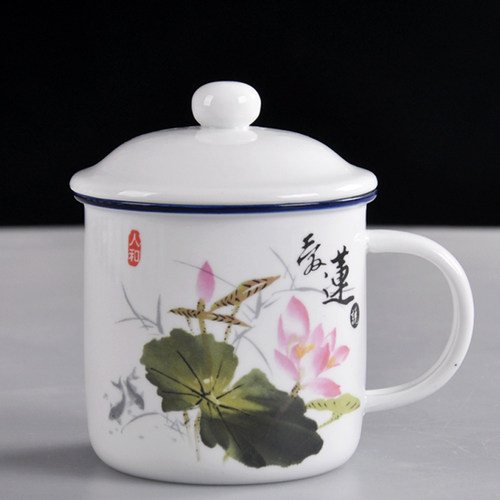 带盖仿搪瓷杯陶瓷杯经典怀旧