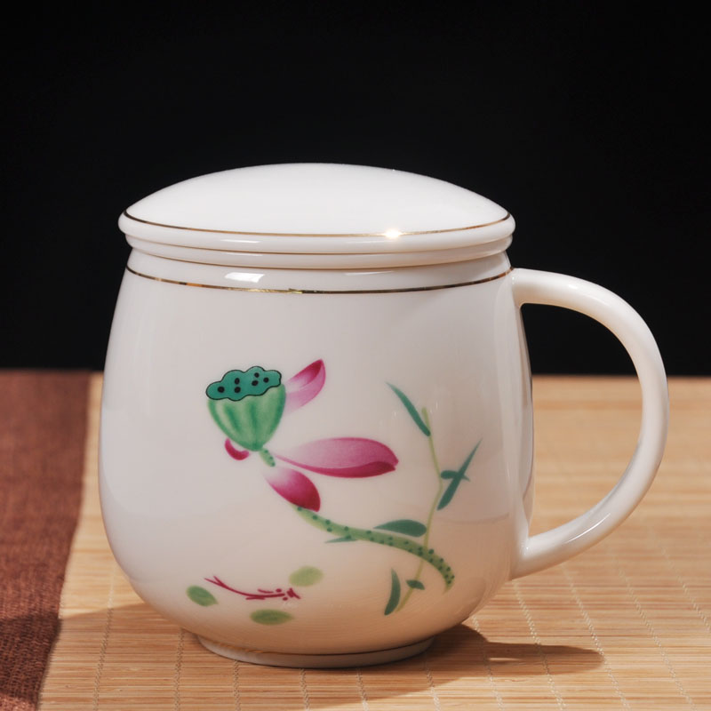 陶瓷泡茶杯带过滤带盖三件杯德化白瓷茶具家用办公喝水泡茶茶杯子