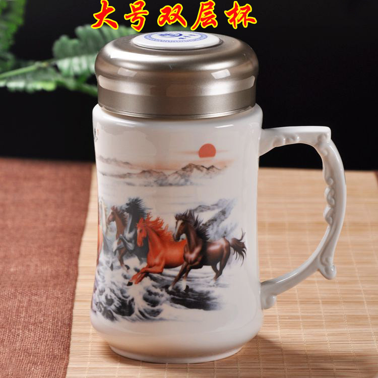 壶趣 双层保温杯陶瓷内胆大容量带盖有手柄茶杯商务礼品大老板杯