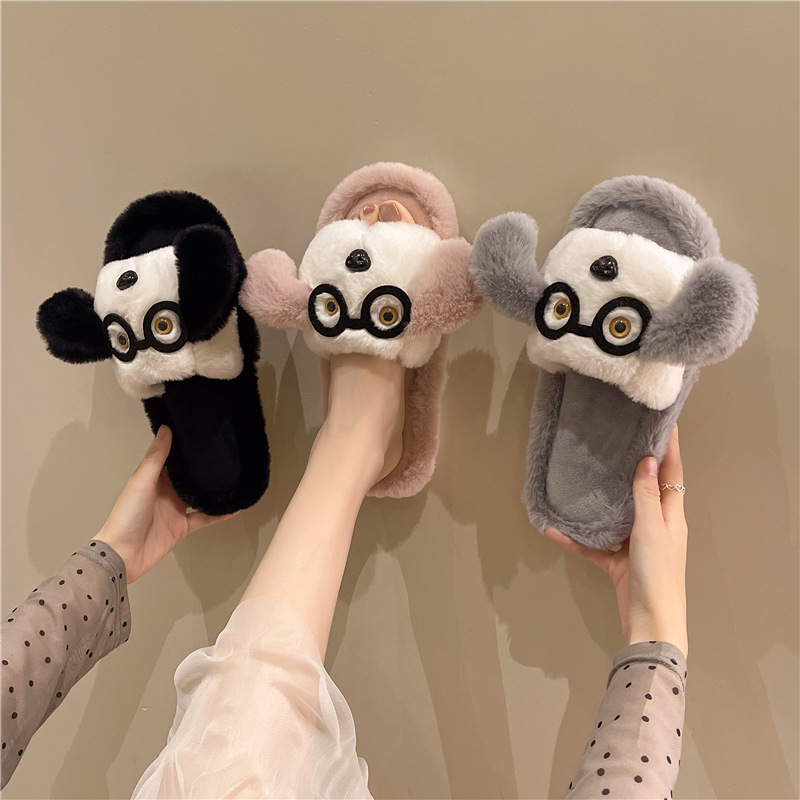 新款卡通可爱小狗毛毛拖鞋女秋冬居家居时尚玩具狗地板静音棉拖鞋