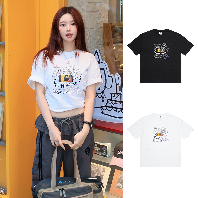 KODAK柯达韩国代购25秋男女运动休闲潮流印花图案圆领棉涤短袖T恤