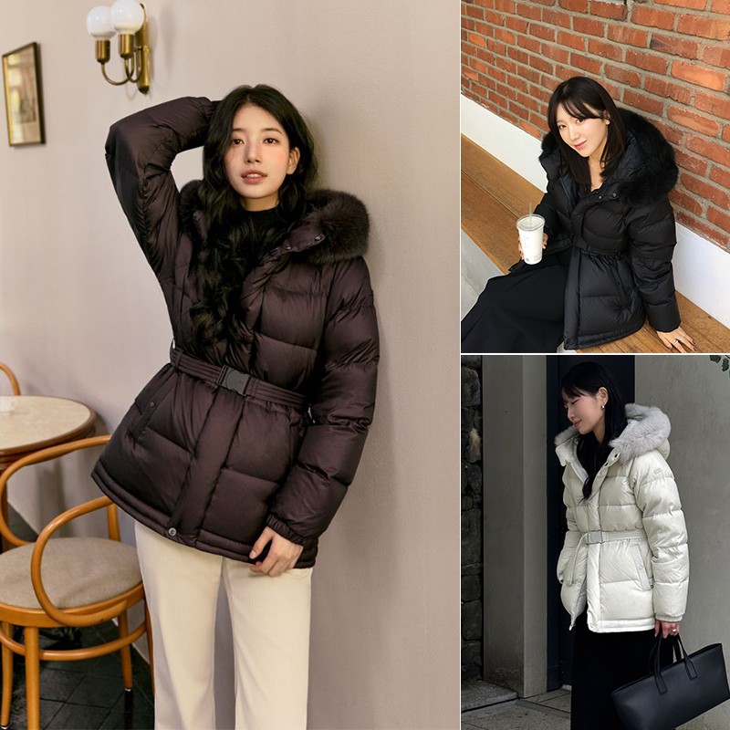 K2韩国代购25冬秀智同款户外休闲可拆卸毛领收腰鹅绒中长款羽绒衣