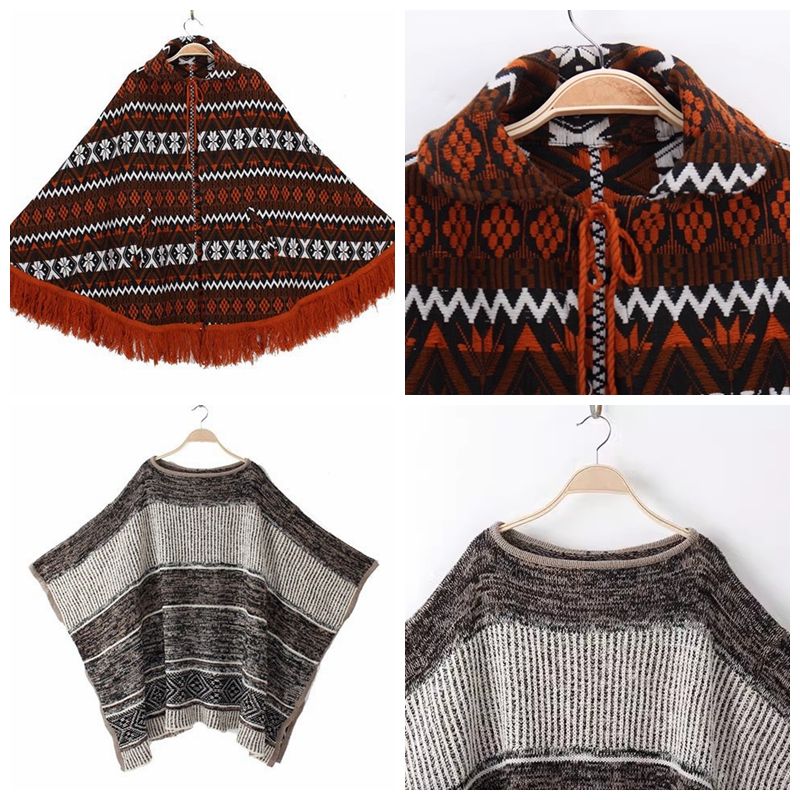苍井优森女古着孤品vintage复古钩花毛衣斗篷外套 异域线条民族风