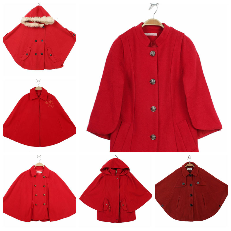 古着孤品红色火红毛呢斗篷外套