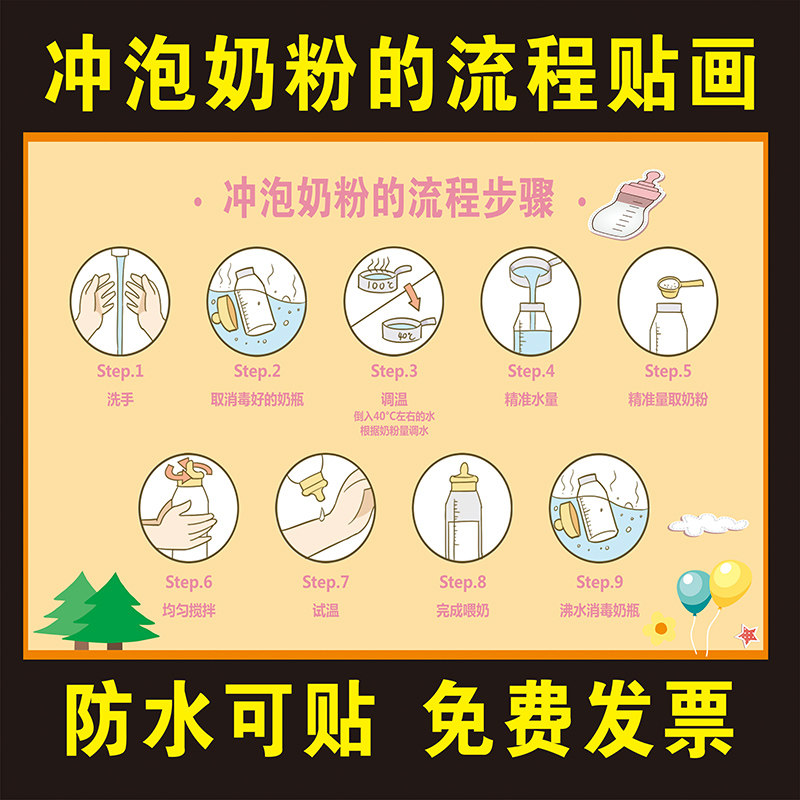 月子中心母婴室托育中心奶粉冲泡流程步骤墙贴画正确冲泡奶粉方法