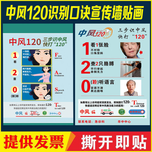 中风120识别口诀三步识中风快速打20图片海报预防中风墙贴画海报