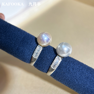 精工S925银施家人造大溪地黑珍珠戒指简约轻奢小众开口调节指环女