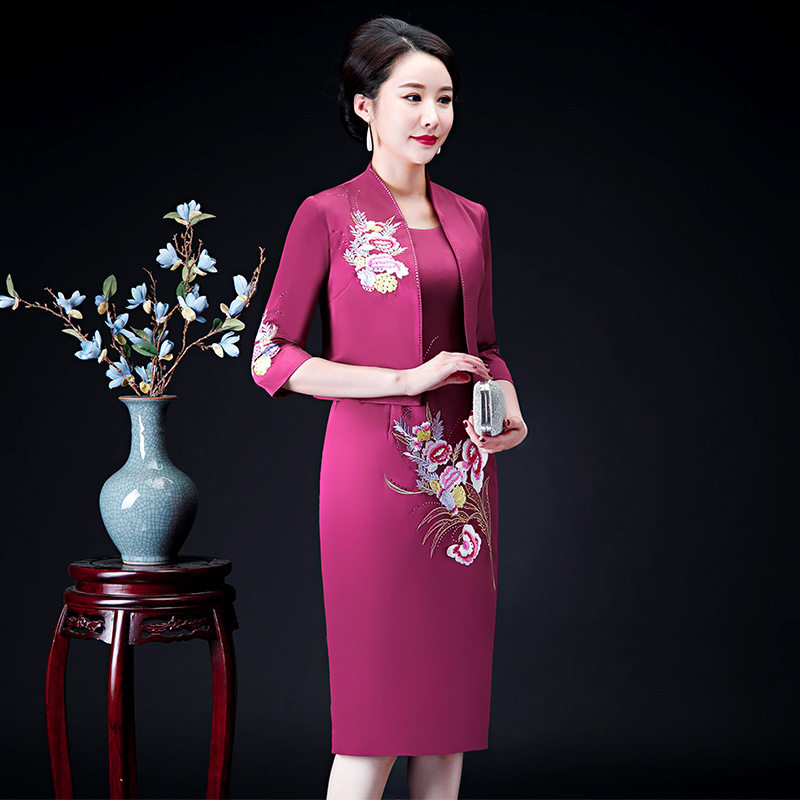巧祺喜妈妈旗袍两件套春夏新款中长刺绣中老年套装丈母娘中式礼服