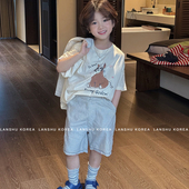 现货 26春夏中大童日系刺绣条纹宽松休闲短裤 Gou 懒鼠韩国童装