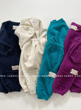 【Gou】懒鼠韩国童装25冬款男女童拼接卫衣裤摇粒绒亲子套装