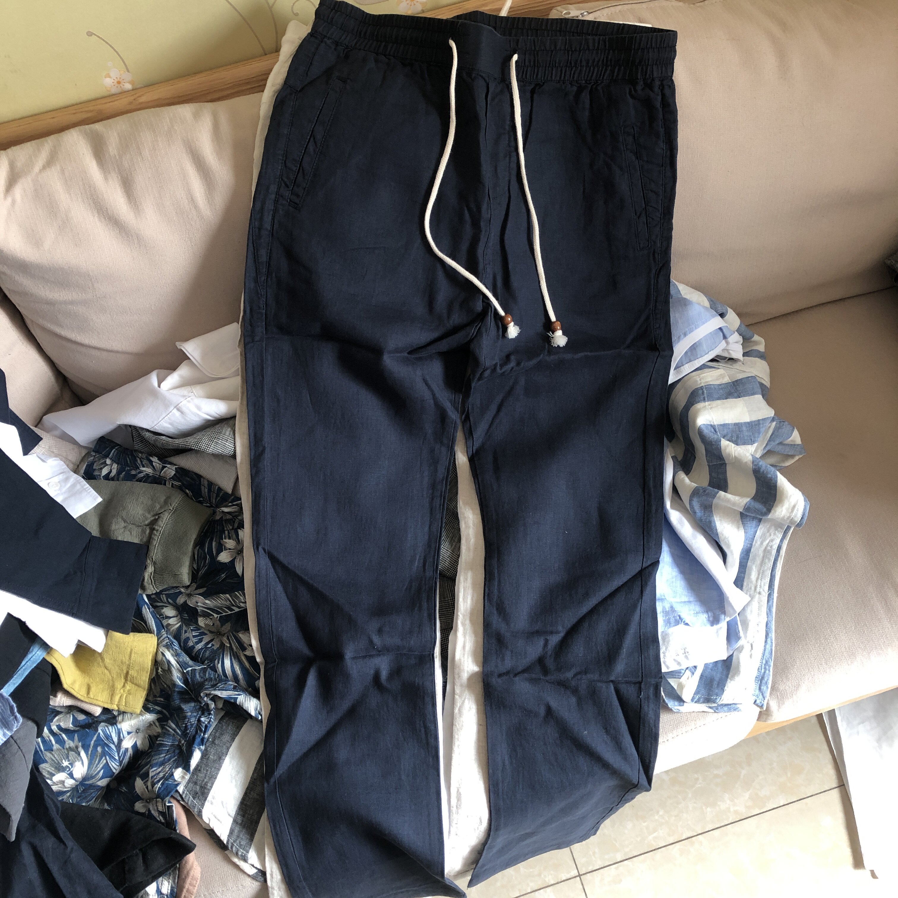 超有型 修身 小清新 纯亚麻强货 青年男士中腰薄款小直筒休闲裤子