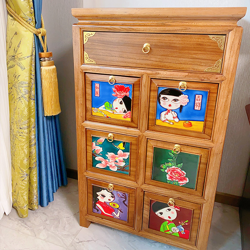 [绘陶家居}立体浮雕手绘陶瓷镶嵌老榆木多斗柜玄关家具摆件茶水柜