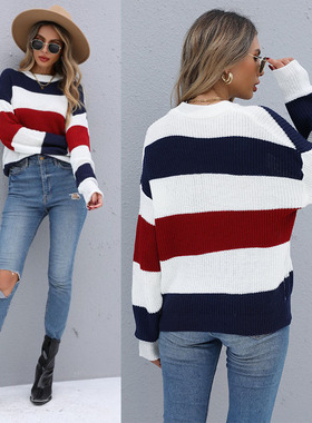 2021Amazon秋冬条纹针织长袖圆领套头打底针织衫knitted sweaters