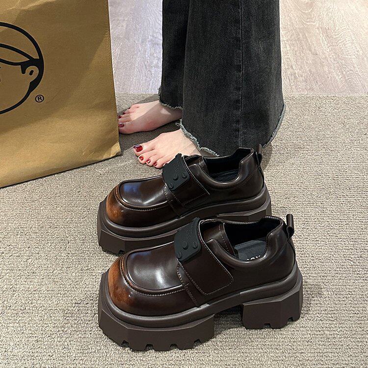 欧洲站软皮大头金属扣魔术贴JK小皮鞋乐福鞋单鞋厚底松糕方跟女鞋