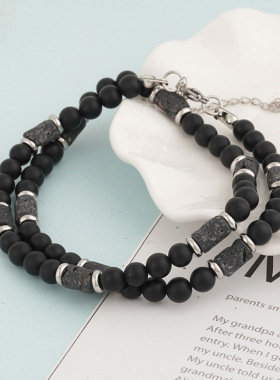 欧美新款虎石天然石男士时尚潮流手工串珠简约黑玛瑙火山石项链