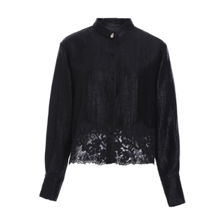 LBE82027S 香云纱桑蚕丝黑色拼接蕾丝女上衣 莎娜粉丝专享