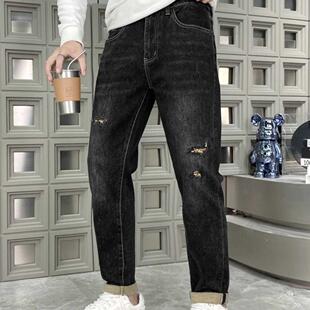 春秋款黑色破洞牛仔裤男士修身长裤潮牌美式小直脚裤子男款动力牛