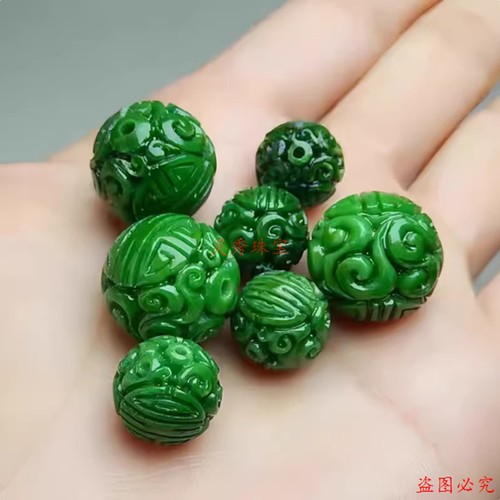 翡翠色仿干青铁龙生祖母绿雕花龙珠圆珠散珠手链DIY配件高品质