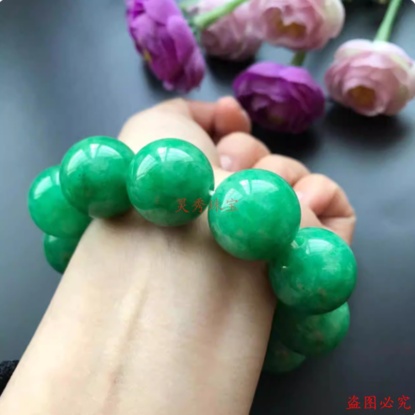 缅甸翡翠玉石手链糯冰种男款佛珠手串正阳绿玉珠配饰翡翠玉珠