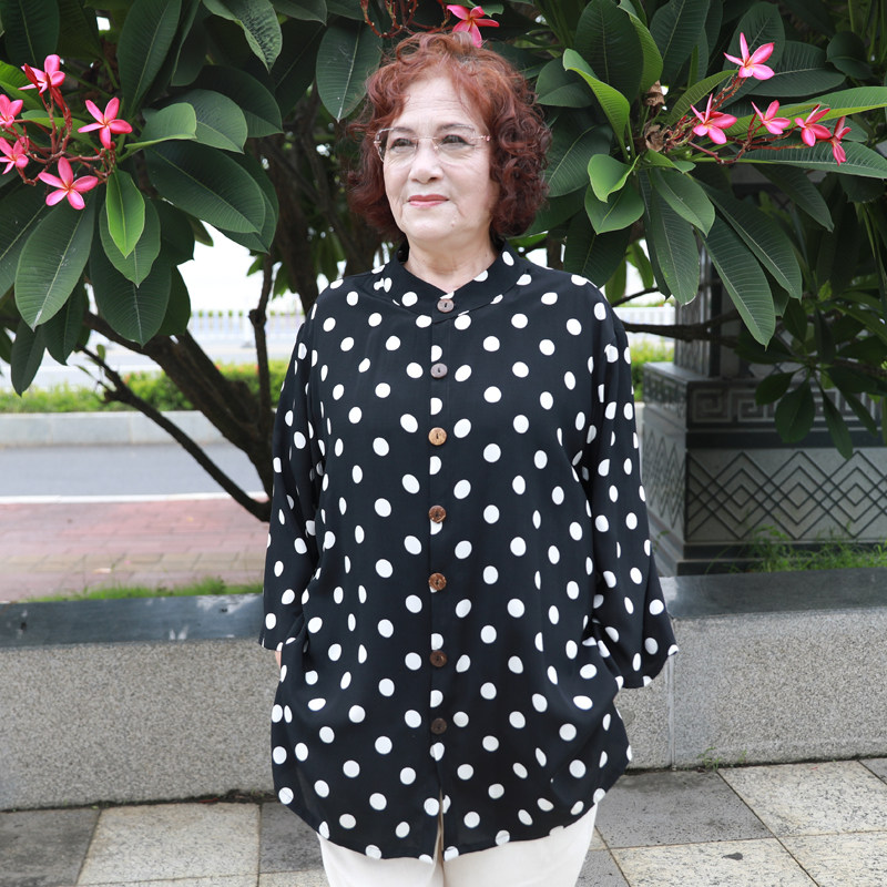 波点加肥大码胖妈妈显瘦长袖衬衫