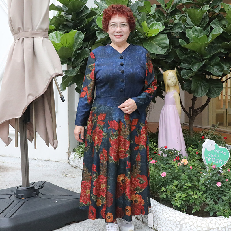 中老年春秋印花连衣裙大码胖妈妈