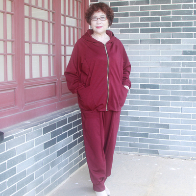 连帽胖妈妈款宽松中老年大码套装