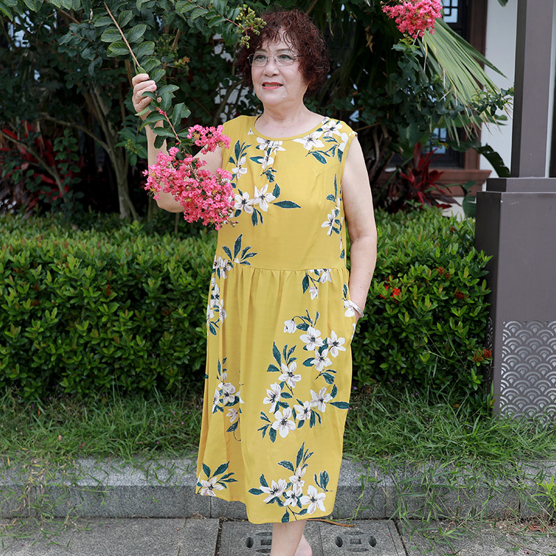 夏加肥大码胖妈妈遮肚天丝棉麻裙