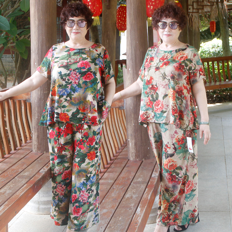 亏本清仓超胖妈妈夏季棉麻印花套装特大码中老年宽松短袖高腰裤子