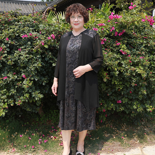 大码胖妈妈假两件套中长款连衣裙