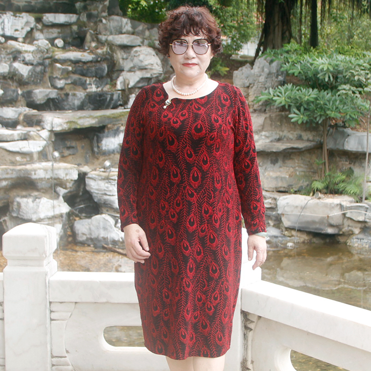 中老年春秋长袖连衣裙加肥大码胖妈妈婚礼服阔太太时尚改良旗袍裙