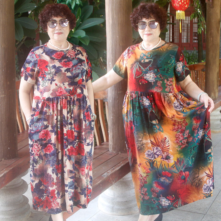 胖妈妈装夏季棉麻大码短袖连衣裙
