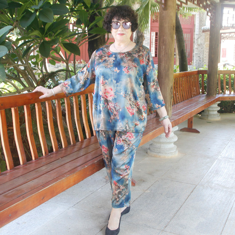 中老年时尚套装夏大码女装七分袖上衣裤子胖妈妈200斤奶奶两件套