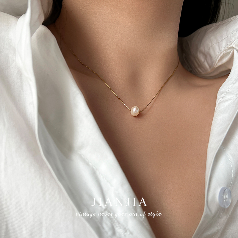 钛钢镀18K单颗天然淡水珍珠项链