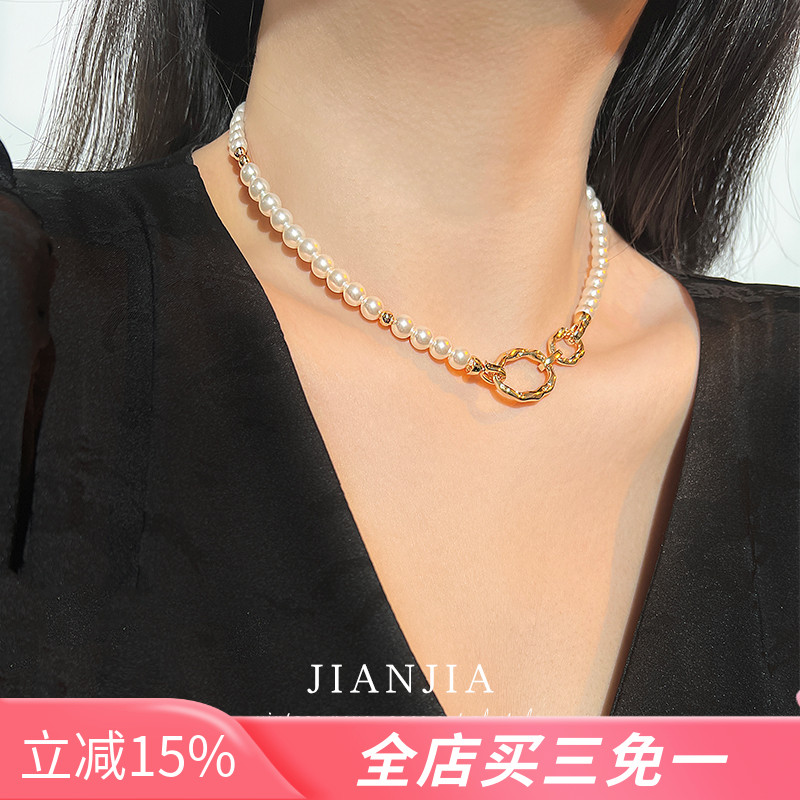 复古法式中古老钱风正圆珍珠项链