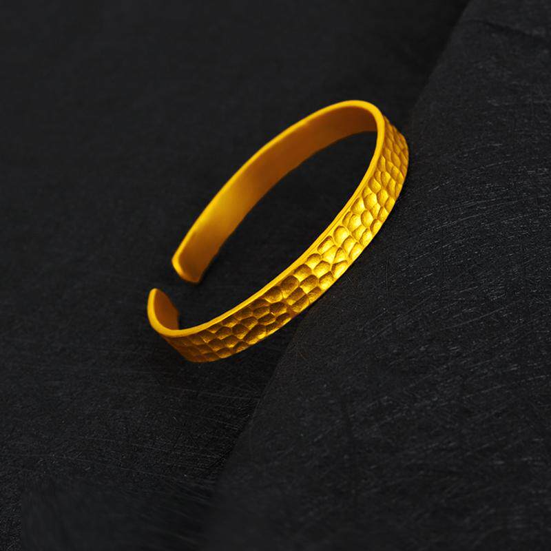 黄金手镯女款足金999古法龙鳞实心手环开口可调节平板素圈送礼