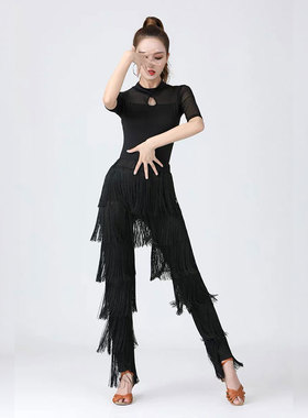拉丁舞流苏舞蹈裤子女国标舞专业黑色成年练功服网红伦巴舞上衣秋